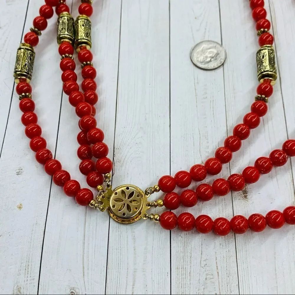 VTG Gold Red Multistrand Beaded Necklace‎ - Picture 3 of 3